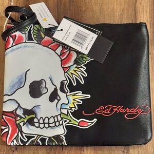 Ed Hardy Black Pouch with Skull and Red Roses